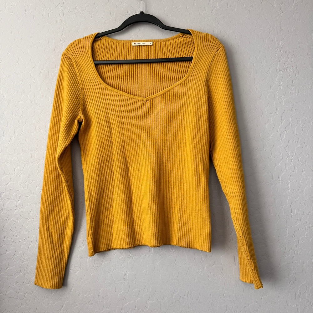 Marine Layer Large Top Mustard Yellow Long Sleeve Ribbed Sweetheart Neck 15586
